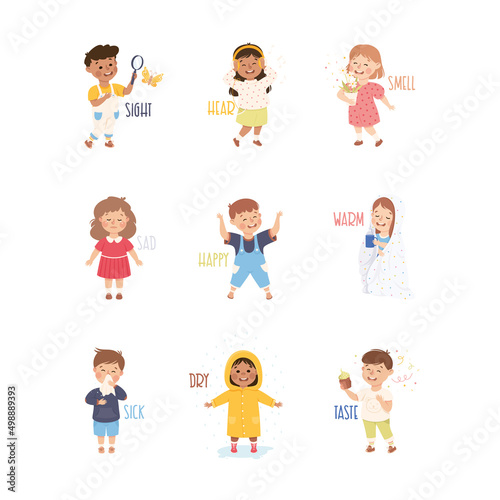 Little Boy and Girl Showing Senses Smelling, Hearing and Tasting Vector Set