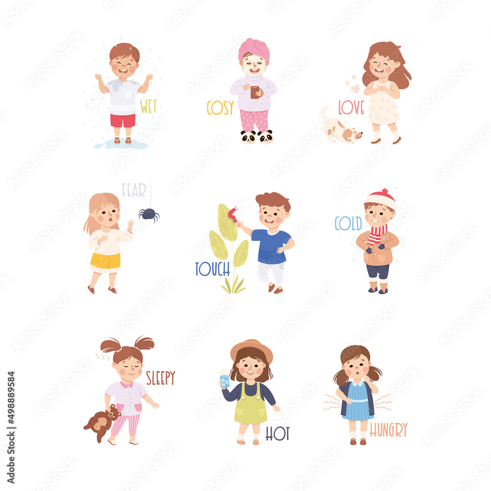 Little Boy and Girl Showing Senses Touching and Feeling Fear and Cold Vector Set Little Boy and Girl Showing Senses Touching and Feeling Fear and Cold Vector Set