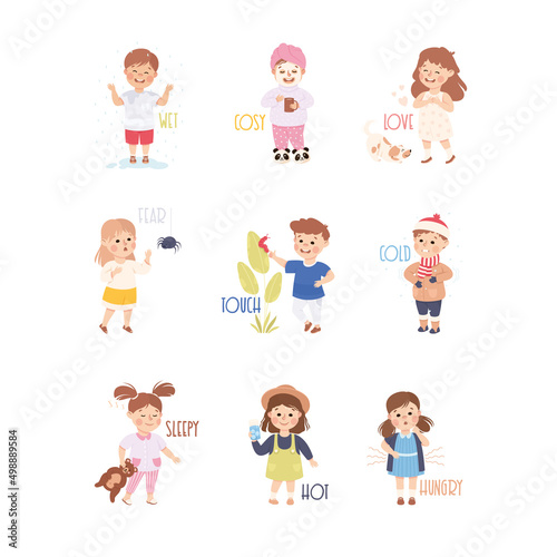Little Boy and Girl Showing Senses Touching and Feeling Fear and Cold Vector Set