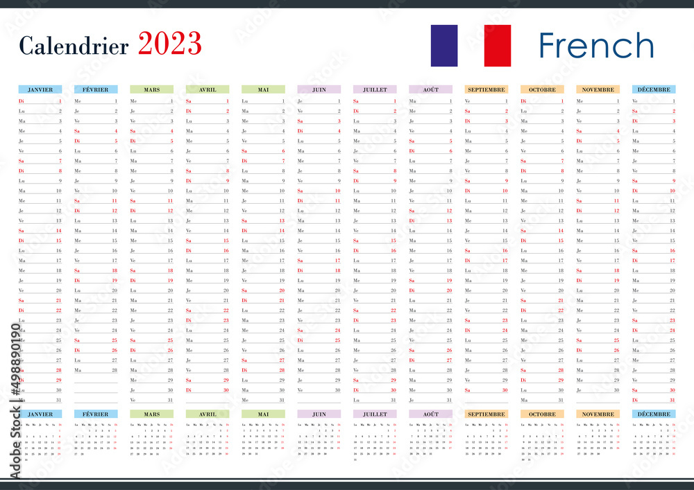 2023 Wall Planner in French. Yearly calendar and organizer. Simple layout  in color. Template for the company and family. 12 vertical months on one  page. Free copy space for notes. Stock Vector |