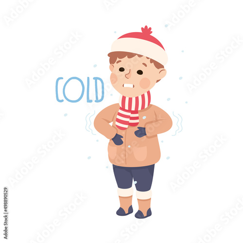 Little Boy Showing Sense of Cold Shivering in Cold Winter Weather Vector Illustration