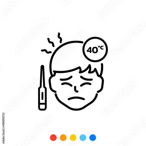 A man icon with a high fever and measuring the fever forty degrees, Vector.
