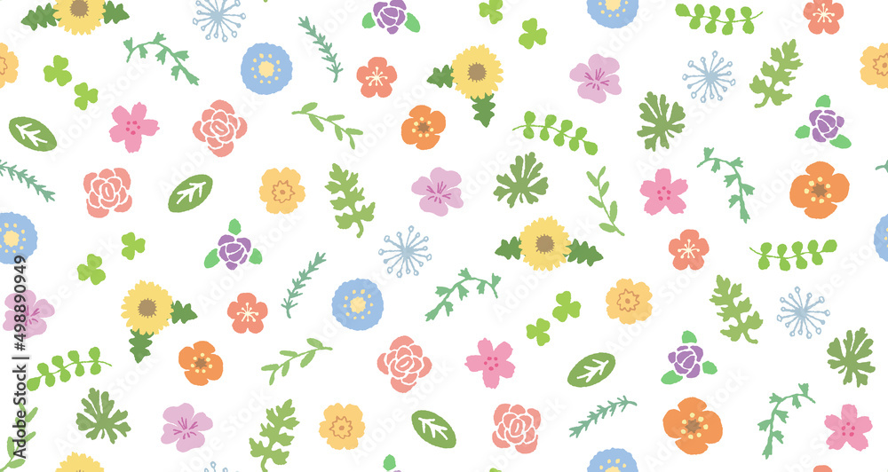 かわいい手描き春の草花柄模様のシームレス背景 かわいい手描き春の草花柄模様のシームレス背景