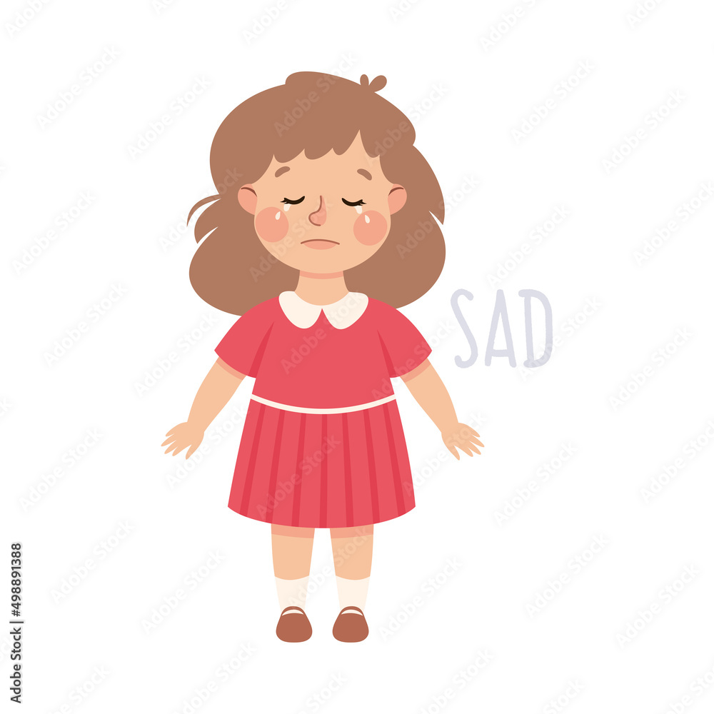 Little Girl Showing Sense of Sadness Standing and Crying Vector Illustration Little Girl Showing Sense of Sadness Standing and Crying Vector Illustration