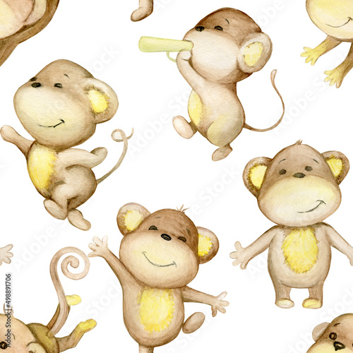 Little monkeys, in cartoon style. Watercolor seamless pattern, on an isolated background.