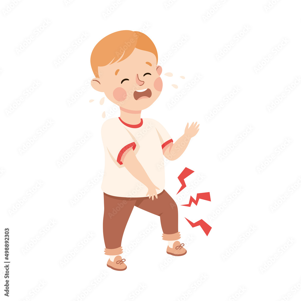 Sick Little Boy Feeling Unwell Crying Suffering from Knee Pain Vector Illustration