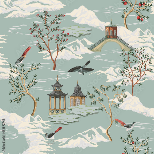 Vintage Chinese landscape, tree, birds, mountain seamless pattern. Chinoiserie exotic wallpaper.