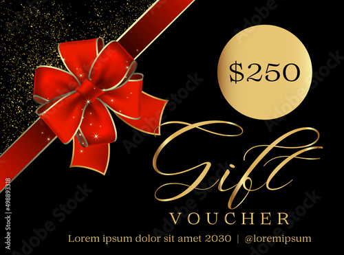 250 Dollar Gift Voucher Template. Gift Voucher Template Promotion Sale discount, Gold background, Voucher, Gift certificate, Coupon template.
