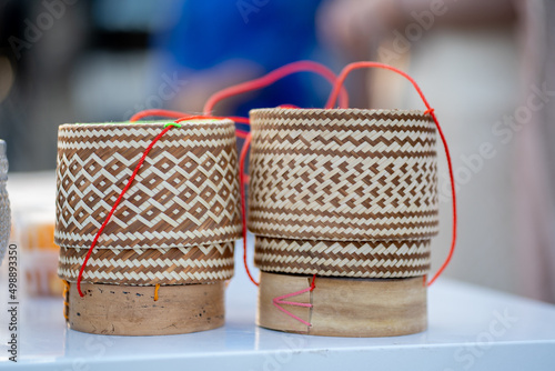 Kratib, handmade rice box for sticky rice made of bamboo wooden, local classic ware product for sales.