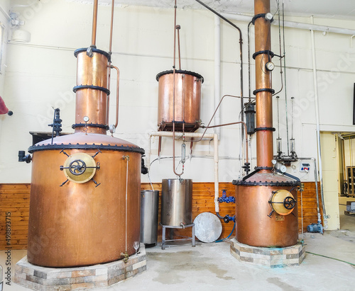 Copper distillation pots at an winery