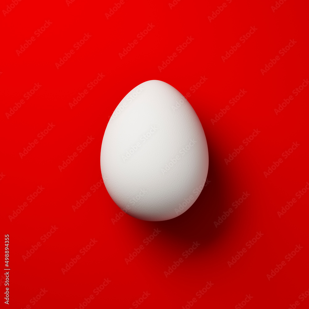 white chicken egg on a red background. Template or layout for art. 3d render
