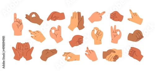 Different hand gestures set. Signs, expressions with pointing fingers, clenched fists, open and greeting palms. OK symbol, handshake, touching. Flat vector illustrations isolated on white background