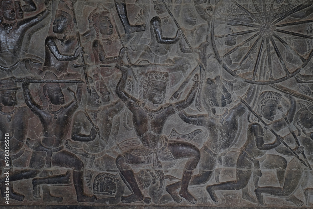 Carved Bas relief mural wall Angkor Wat temple Seam Reap Cambodia