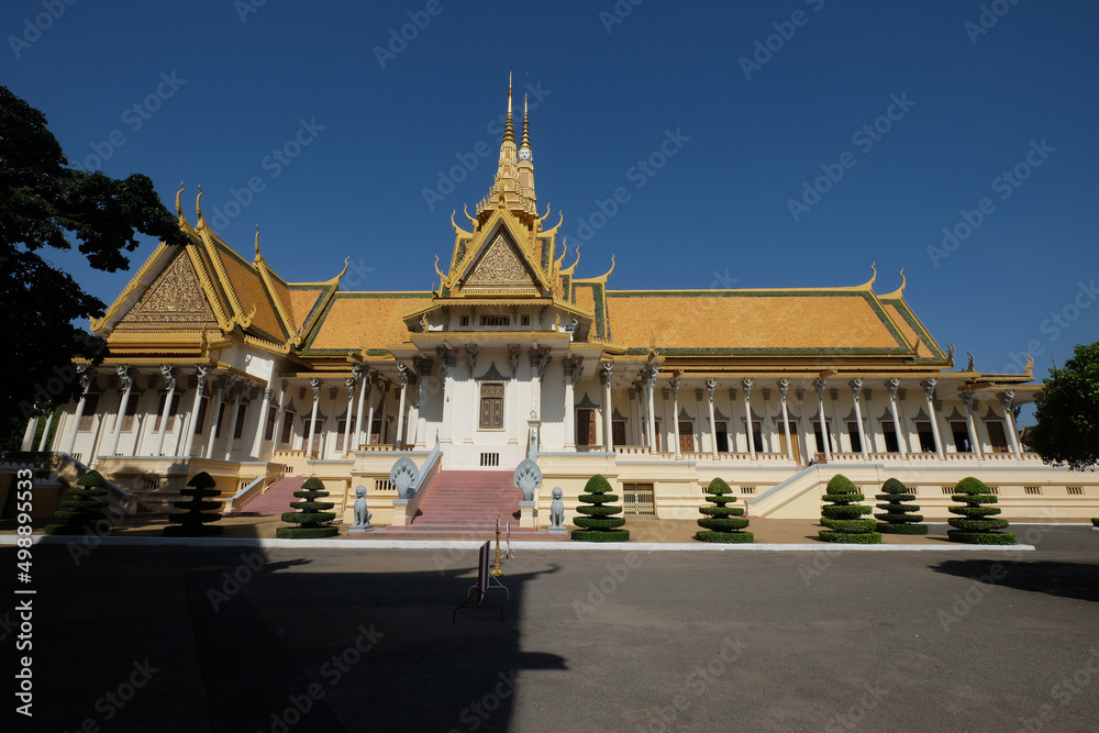 Facade of the Royal Palace Phnom Penh Cambodia against clear blue sky