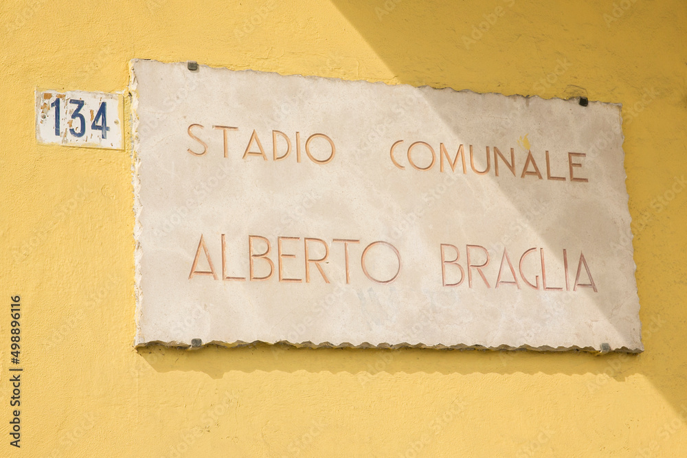 Obraz premium Close up of the indication of Alberto Braglia comunal stadium in Modena, Italy.