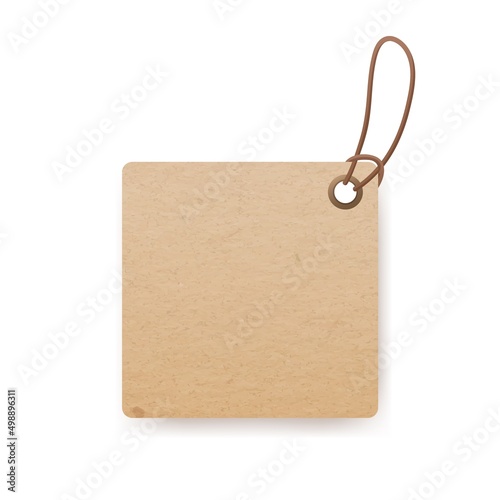 Kraft cardboard label hanging on cord. Craft paper, square carton price tag mockup. Blank card with loop and string, twine. Beige badge on thread. Vector illustration isolated on white background