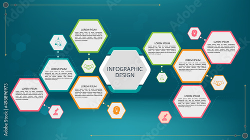hexagon infographic design template multi colored with icons and  turquoise background