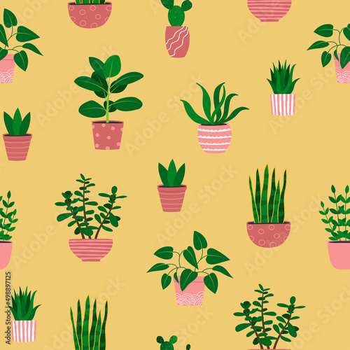 Seamless pattern of houseplants in pink flowerpots. Cartoon colorful plants on yellow background