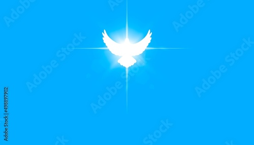 Disegno grafico colomba bianca su sfondo azzurro. Banner Pentecoste  photo