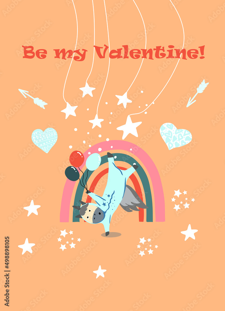 Obraz premium Vector Illustration Be my Valentine, unicorn in upside down pajamas, against the background of a rainbow, holds balloons, hearts, stars, arrows, invitation, postcard, template.