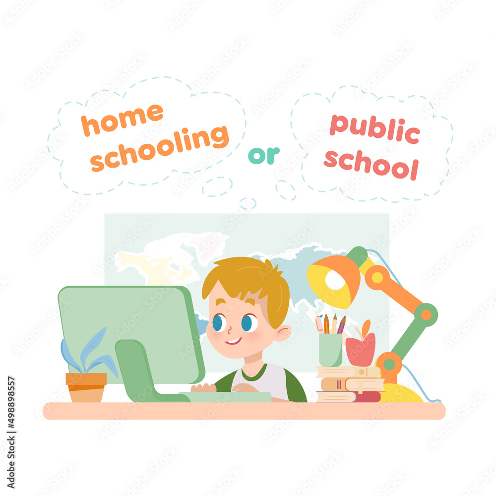 Schoolboy sits at table and looks at computer. Remote online distance education and e-learning. Concept of choice between home schooling and public school. Illustration in a flat style