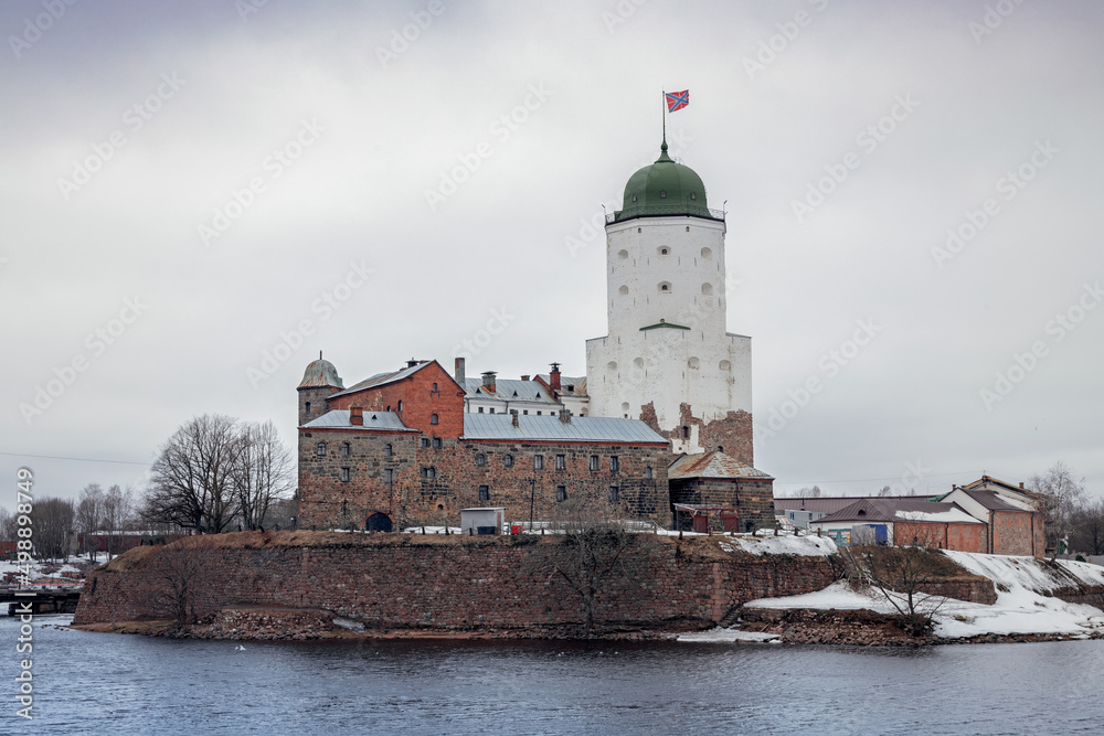 Tower of St. Olaf and Vyborg Castle on an island in the city of Vyborg, April 11, 2022