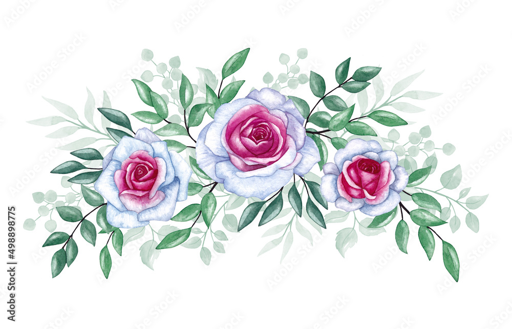 Floral illustration - a bouquet of roses with green leaves. Watercolor hand painting. Wedding decoration concept. Decorative card, invitation design, wreath.