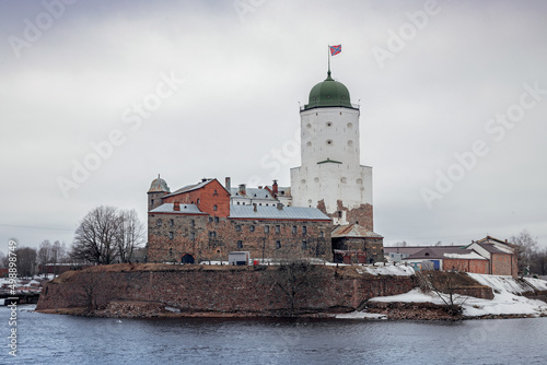 Tower of St. Olaf and Vyborg Castle on an island in the city of Vyborg, April 11, 2022