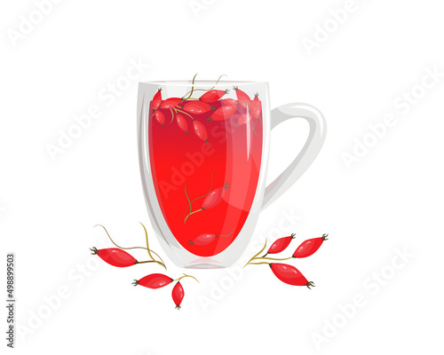 Rosehip tea in a glass cup.Healthy tea with berries.Vector illustration for cafes, advertisements, banners.