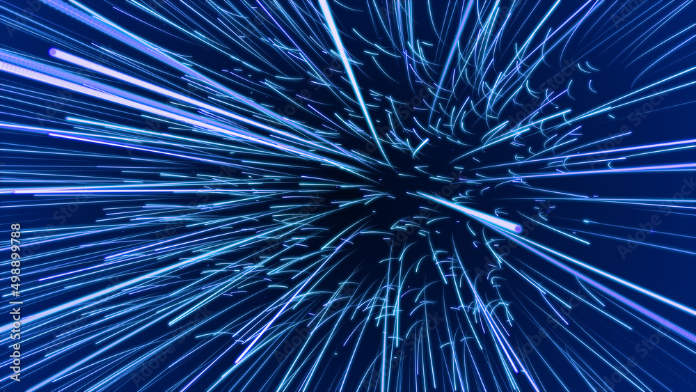 Blue hyper jump. Digital hyperspace with stars explosion. Abstract futuristic speed background. Dynamic motion lines on blue backdrop. 3D rendering. Blue hyper jump. Digital hyperspace with stars explosion. Abstract futuristic speed background. Dynamic motion lines on blue backdrop. 3D rendering.