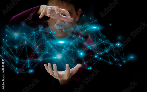 Hands touch the line network in data connectivity. Science. Big data. Internet technology. Business. Communications and social networks Global internet connection concepts. Metaverse