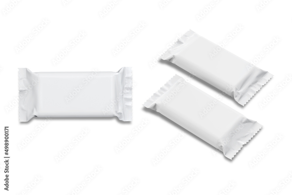 Empty blank chocolate candy bar mockup isolated on white background. Empty package flow layout. It can be used in adv, promo, package, etc.3d rendering. Empty blank chocolate candy bar mockup isolated on white background. Empty package flow layout. It can be used in adv, promo, package, etc.3d rendering.