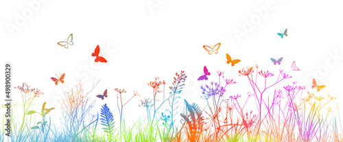 Colorful grass with butterflies. Vector illustration. Abstract colorful floral vector background