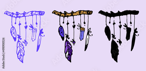 an icon of a tree stick with feathers and purple crystals hanging on it. a set of contour and silhouette boho. magic hand-drawn doodle, feathers and crystals, purple and blue, beads on a string hangin photo