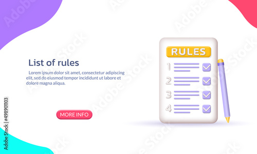Rules list banner with 3d icon. Regulation, company compliance, law checklist with check marks. Business rule, agreement concept. Vector illustration.