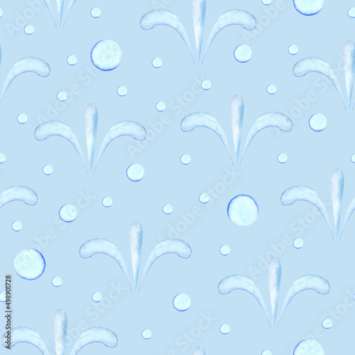 Watercolor seamless pattern. Sky blue background, snow, icicles and drops