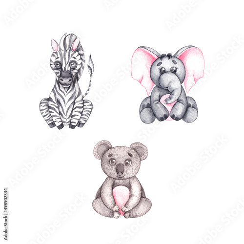 Photography Watercolor kids animals hand-painted on a white background