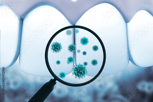 Viruses and bacterias around tooth. Dental hygiene medical concept. 3d illustration photo