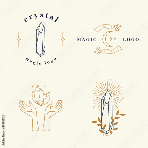 A set of logos in a linear style. Delicate, mysterious images. Mystical symbol in a minimalist style. Magic stone for spiritual practices of ethnic magic and astrological rites.