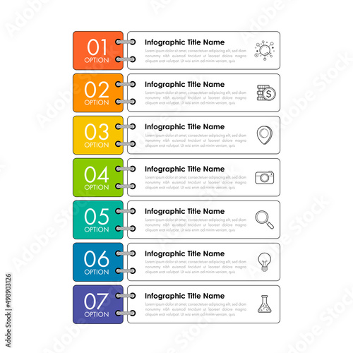 Infographic design template can be used for presentation, banner, graphic, business flow and diagram. Modern flat Timeline template with 7 option, parts, step for process. Abstract template.