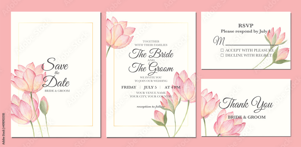 Hand painted of watercolor lotus flower as wedding invitation template.