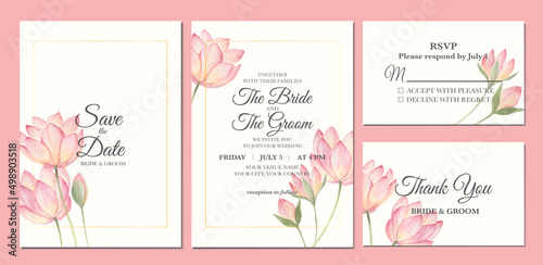 Hand painted of watercolor lotus flower as wedding invitation template.