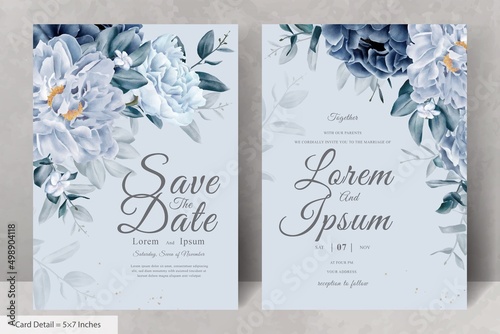 Elegant wedding Stationery with Navy Blue Flower and Leaves