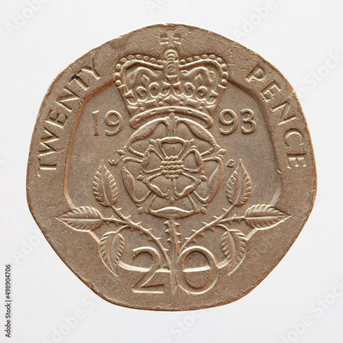 United Kingdom - circa 1993 a hexagonal twenty pence coin of united kingdom showing a crowned rose