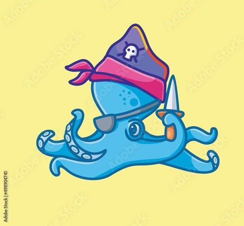 cute pirate octopus bring a sword. isolated cartoon animal nature illustration. Flat Style Sticker Icon Design Premium Logo vector. Mascot Character