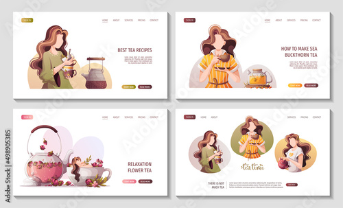 Women with teacups and teapot. Tea shop, cafe-bar, tea lover, tea party, beverages concept. Vector illustration for poster, banner, website, menu, advertising. 