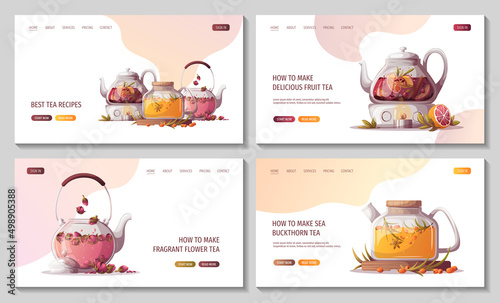 Teapots with sea buckthorn, flower and fruit tea. Tea shop, break, cafe-bar, tea lover, tea party, beverages concept. Set of web pages. Vector illustration for poster, banner, website, advertising. 