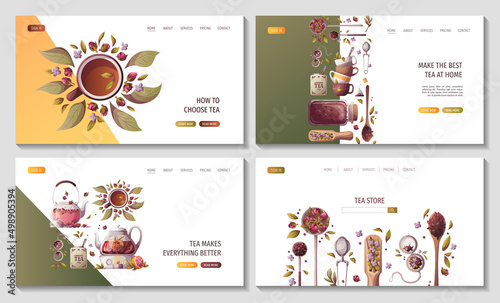 Web pages with teapots, jar of loose tea, teacups. Tea shop, cafe-bar, tea party, beverages concept. Vector illustration for poster, banner, website, menu, advertising. 