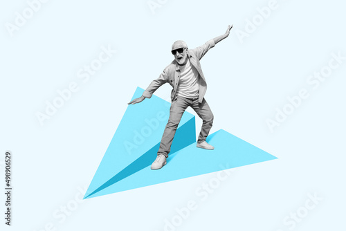 Artistic composition of middle aged person have fun carefree fly paper airplane isolated pastel color background
