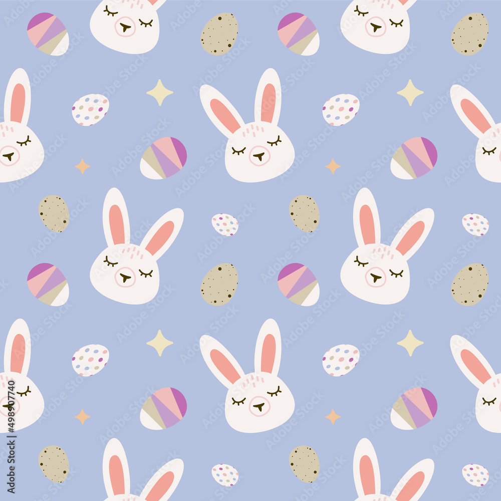 Seamless vector pattern with cute white rabbits with eggs. Perfect for textile, wallpaper or print design.
